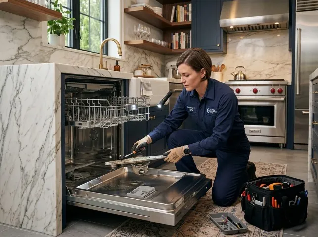 Appliance Repair Hero technician servicing a built-in dishwasher in a Bairdford, PA kitchen