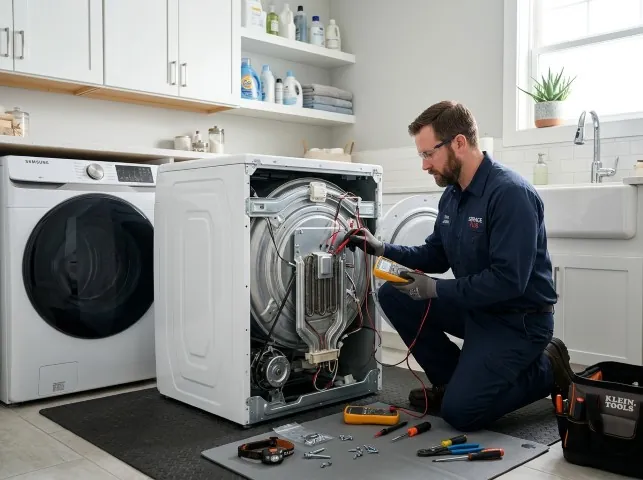 Appliance Repair Hero technician checking a dryer heating element with the rear panel off in Bairdford, PA