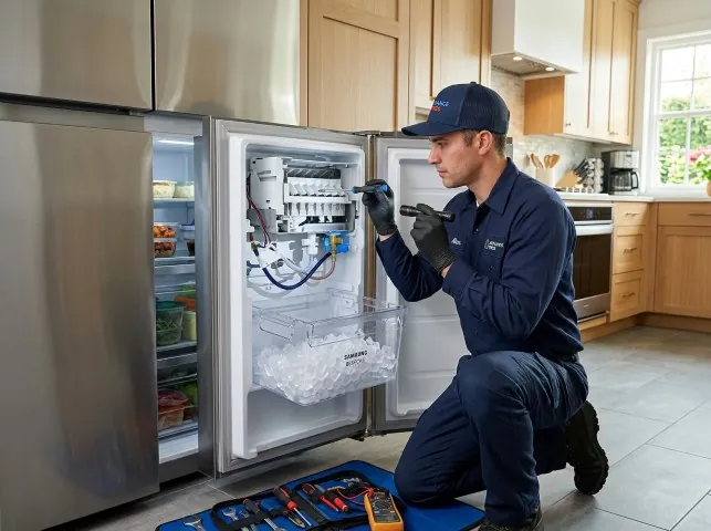 Appliance Repair Hero technician repairing a refrigerator ice maker in Bairdford, PA