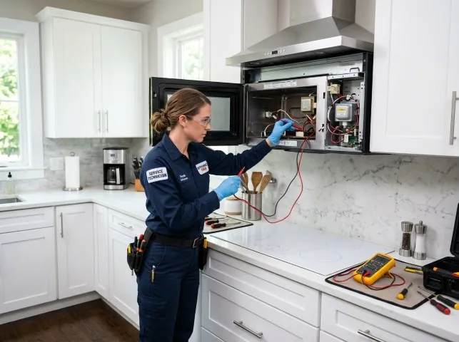 Appliance Repair Hero technician testing an over-the-range microwave in a Bairdford, PA kitchen