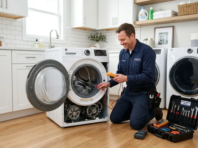 Appliance Repair Hero technician testing a front-load washer with a multimeter on a Bairdford, PA service call